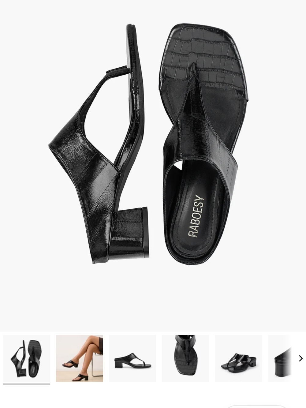 RABOESY Black Patent Thong Block Heel Sandals